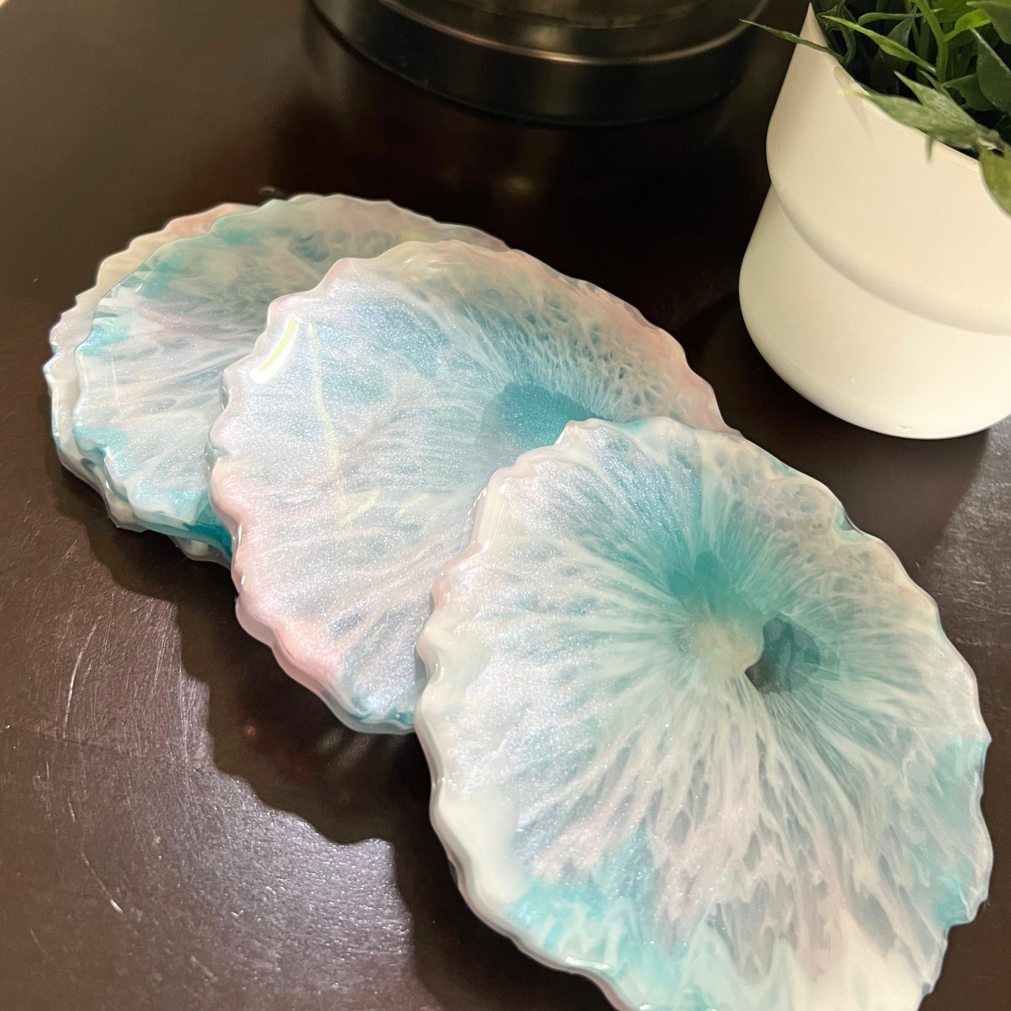 Pastel Pink & Blue Resin Coaster Set | Handmade Ocean-Inspired Coasters | Set of 4
