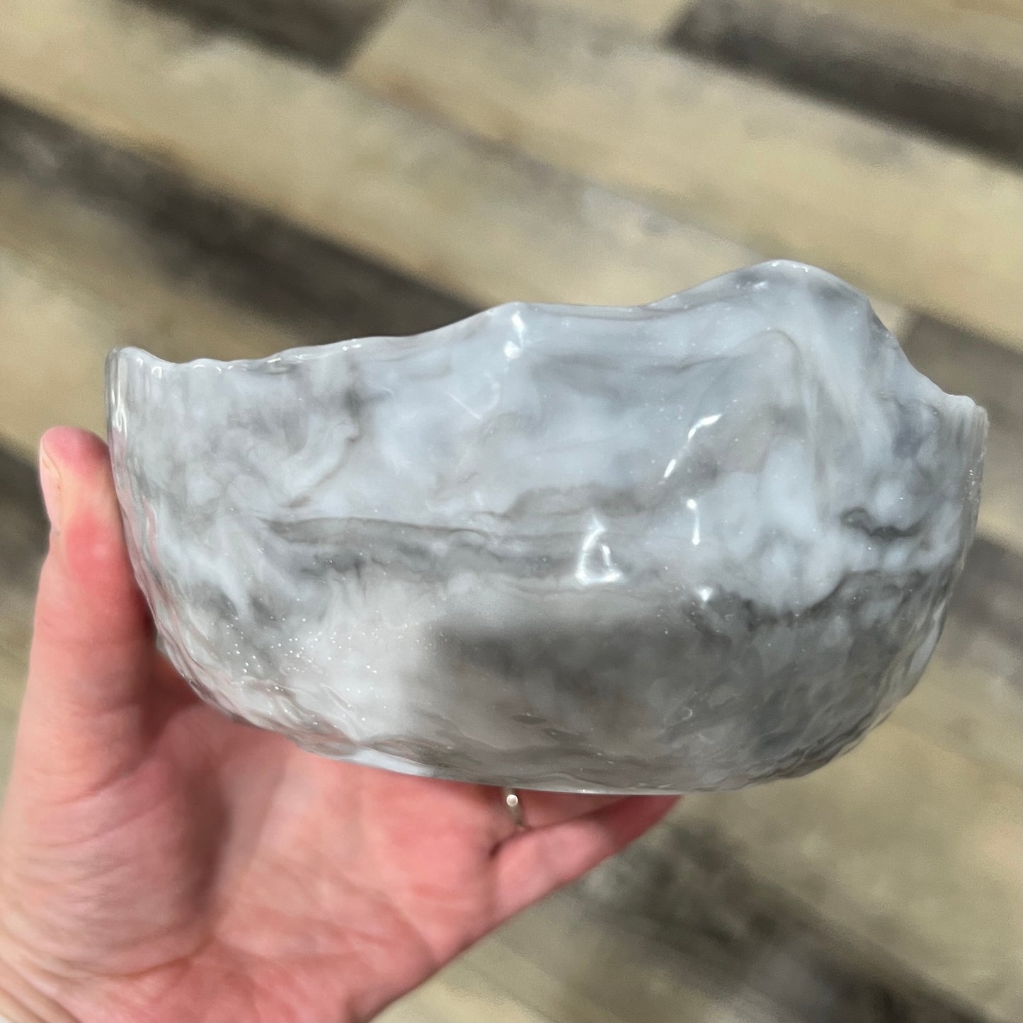 Handmade Resin Bowl – Grey & White Marbled Finish with Irregular Edge