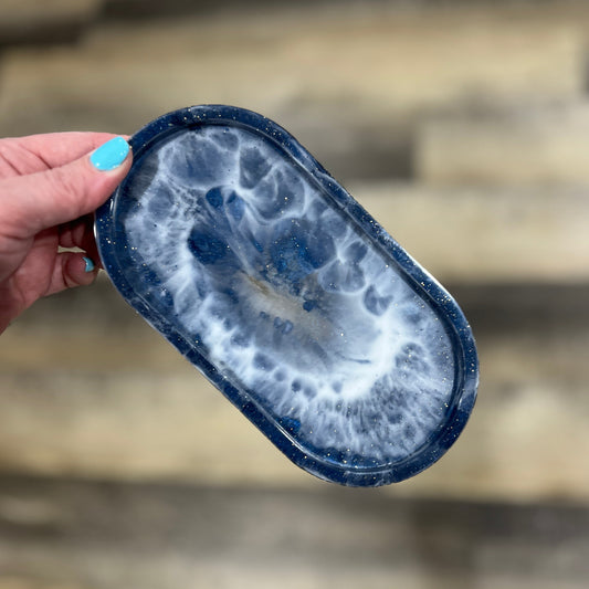 Oval Tray White Dk Blue & White with sparkles