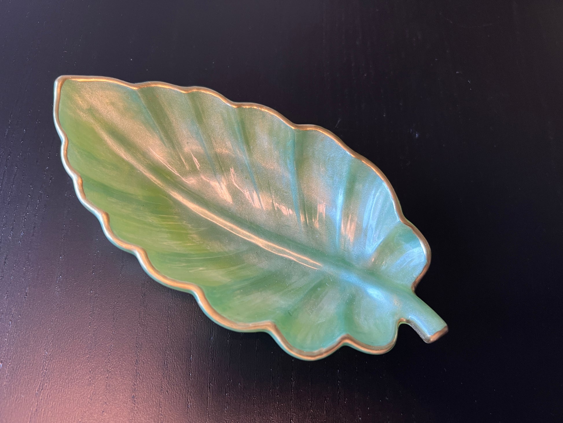 Small light green resin leaf tray with gold trim, handmade decorative catch-all