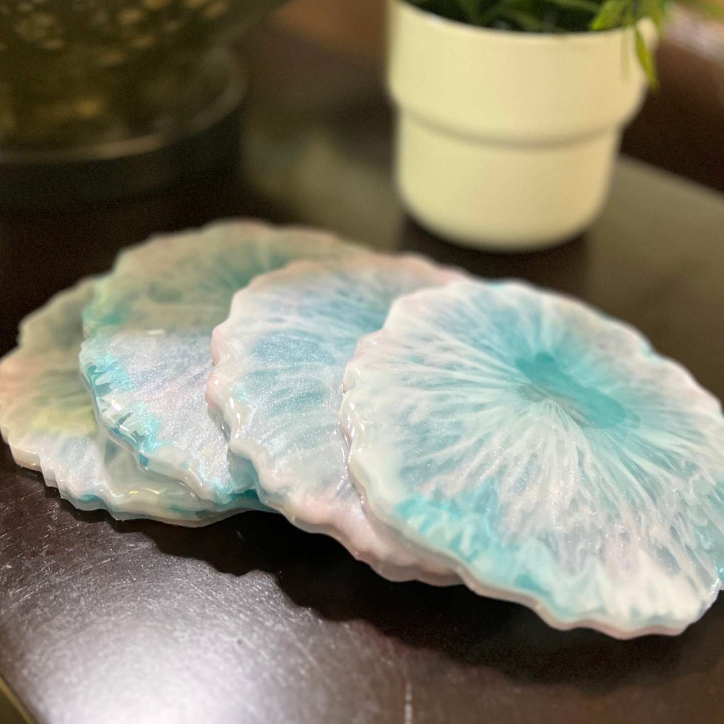 Pastel Pink & Blue Resin Coaster Set | Handmade Ocean-Inspired Coasters | Set of 4