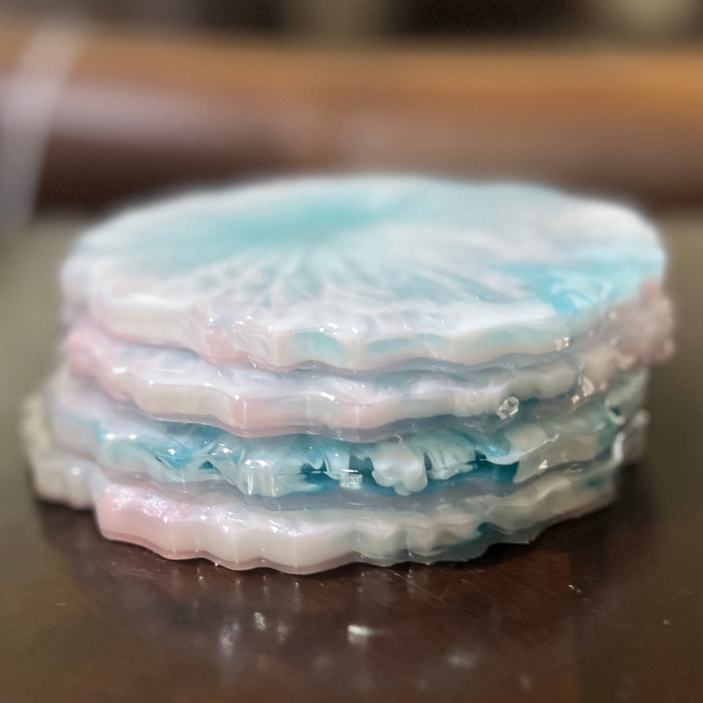 Pastel Pink & Blue Resin Coaster Set | Handmade Ocean-Inspired Coasters | Set of 4