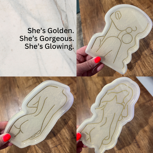 Ivory Resin Trinket Dish Set – Feminine Silhouette Art with Gold Accents